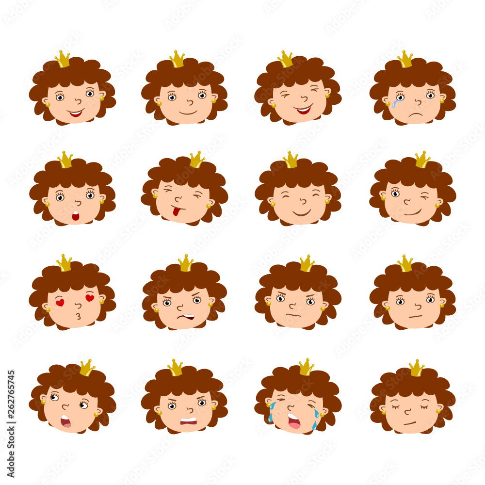 Set of funny Princess facial expressions in cartoon style with different emotions isolated on white background Set of funny Princess facial expressions in cartoon style with different emotions isolated on white background