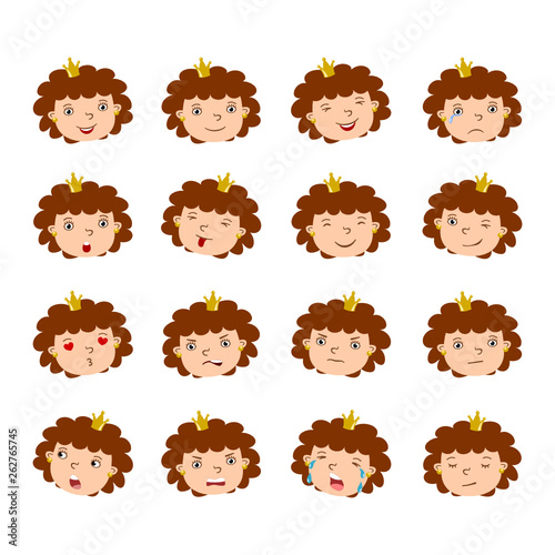 Set of funny Princess facial expressions in cartoon style with different emotions isolated on white background