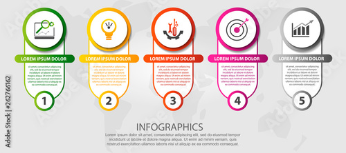 Modern 3D vector illustration. Circular infographic template with five elements, icons and figures. Designed for business, presentations, web design, applications, interfaces, diagrams with 5 steps