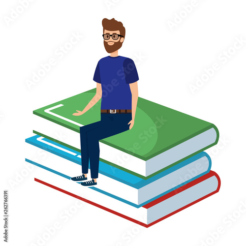 young teacher male sitting in books character