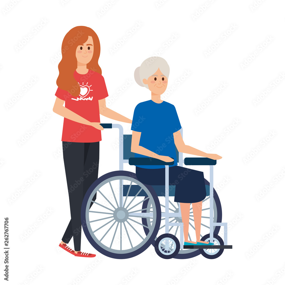 young woman volunteer with old woman in wheelchair young woman volunteer with old woman in wheelchair