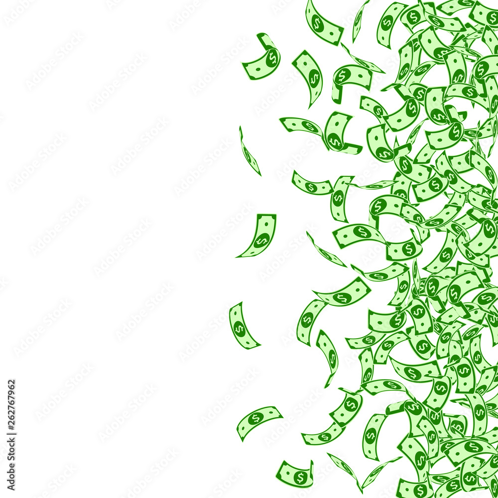American dollar notes falling. Small USD bills on American dollar notes falling. Small USD bills on