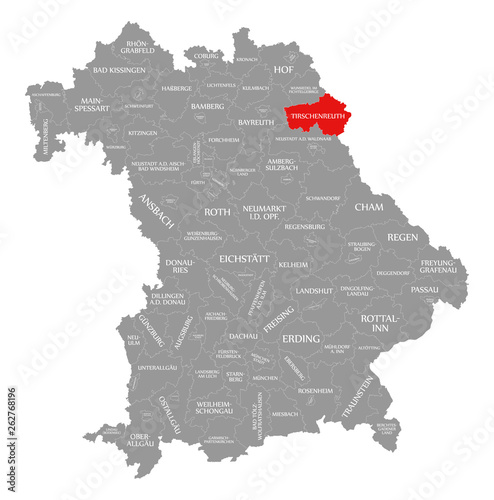 Tirschenreuth county red highlighted in map of Bavaria Germany