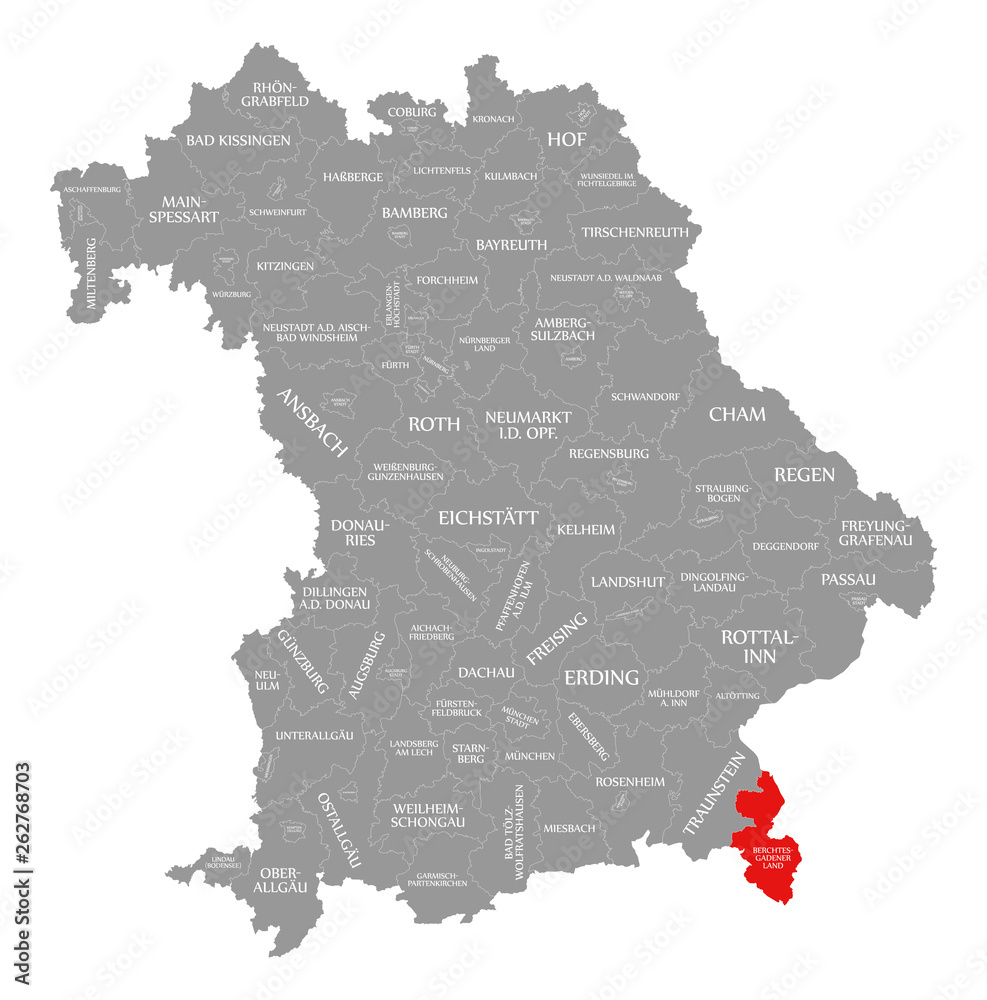Berchtesgadener Land county red highlighted in map of Bavaria Germany