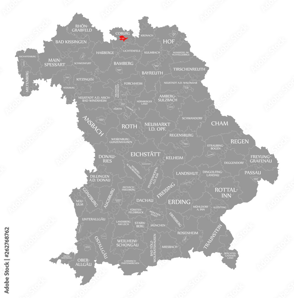 Coburg city red highlighted in map of Bavaria Germany