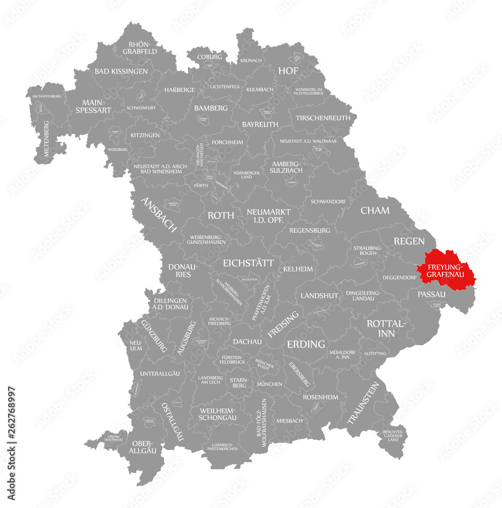 Freyung-Grafenau county red highlighted in map of Bavaria Germany