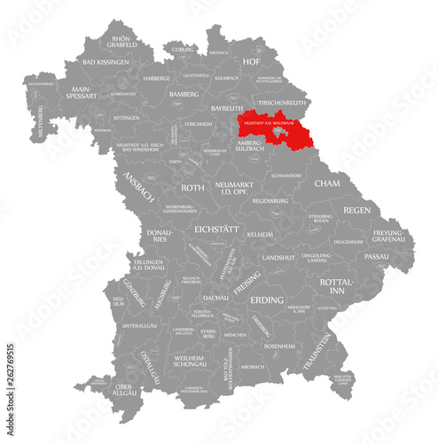 Neustadt a.d. Waldnaab county red highlighted in map of Bavaria Germany