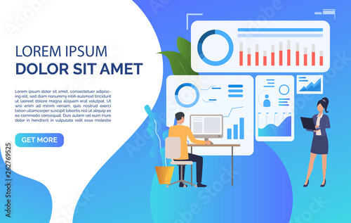 Business people analyzing charts on computers, sample text