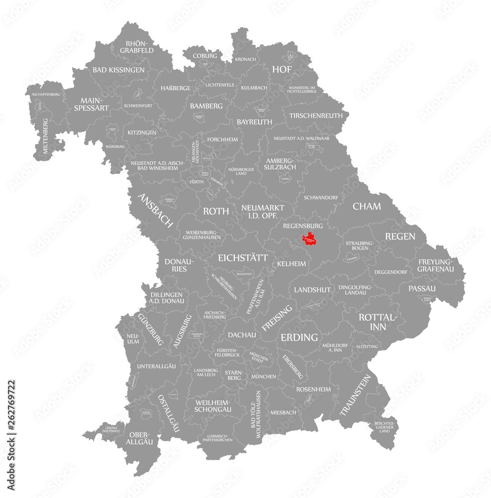 Regensburg city red highlighted in map of Bavaria Germany