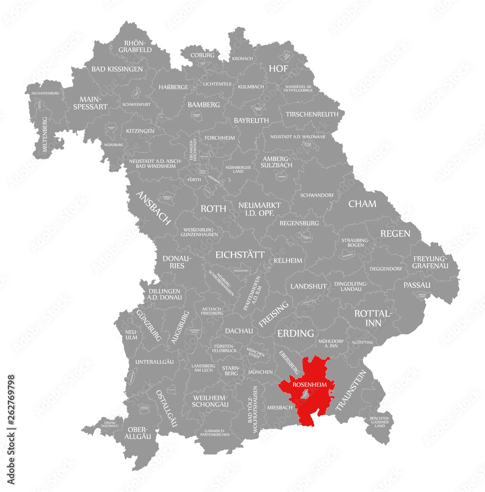Rosenheim county red highlighted in map of Bavaria Germany