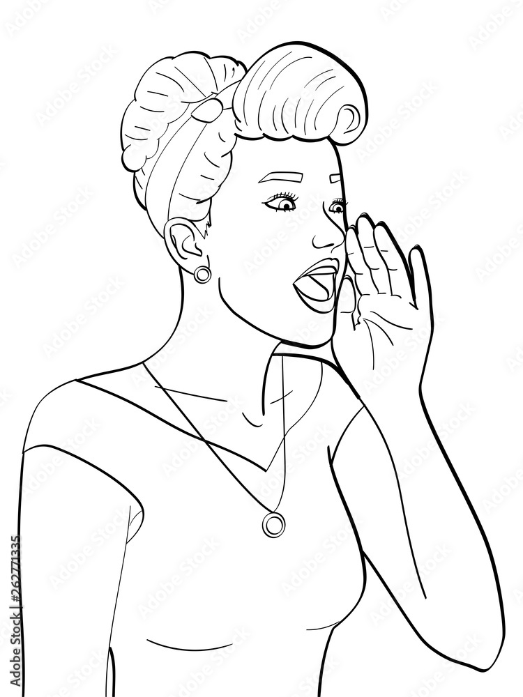 coloring white background, black lines. Retro girl screaming, gramophone. Raster coloring white background, black lines. Retro girl screaming, gramophone. Raster