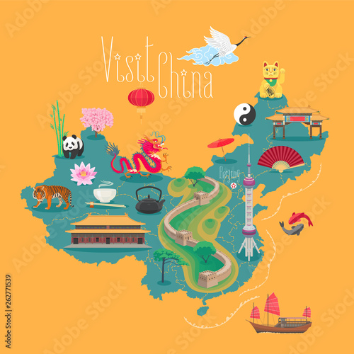 Map of China vector illustration, design. Icons with Chinese landmarks