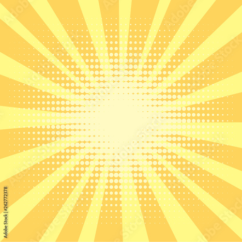 Pop art background, orange. rays of the sun are yellow and circles. Retro style, comic emulation. Procurement for a magazine, a poster or a newspaper.