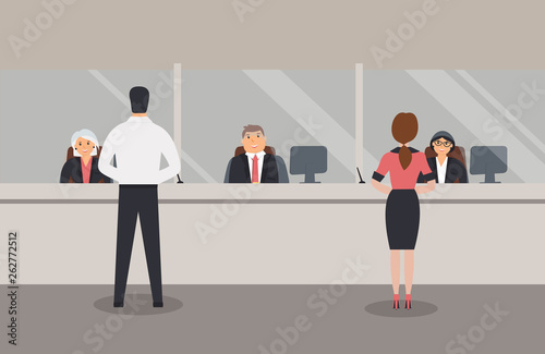 Bank office interior:Bank employees sit behind a barrier with glass and serve the Bank customers.Elegant interior financial institution.Female and male clients stand near the Bank counter. Vector