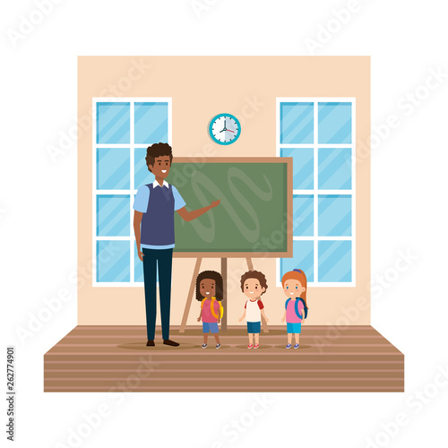 teacher male with school kids in classroom