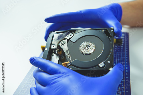 High angle of computer HDD with different details isolated on white background photo