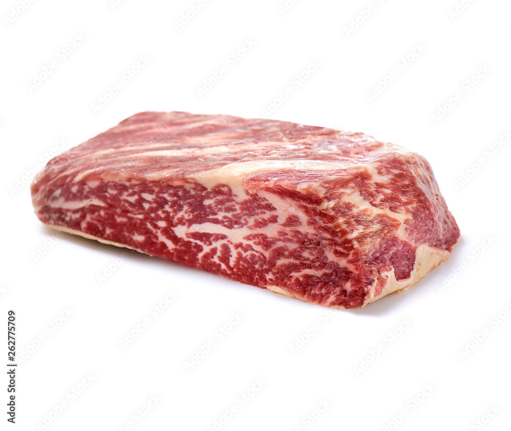 Raw marbled beef on a a white background