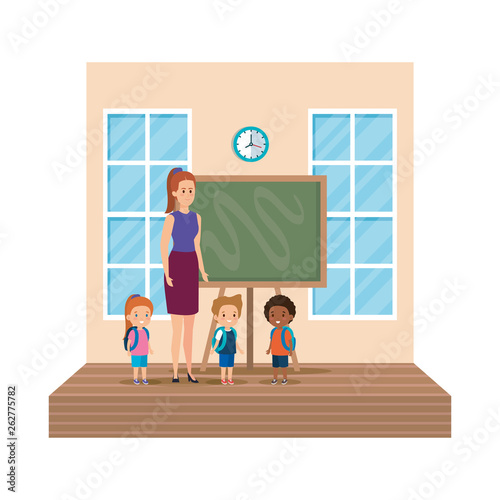 teacher female with school kids classroom scene