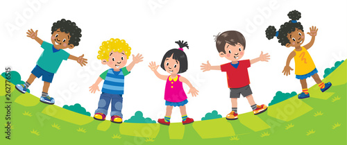 Five kids illustration set with background. Summer