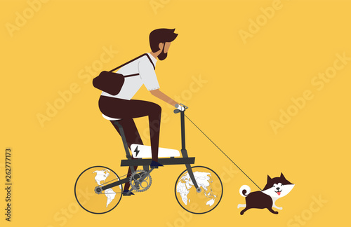 Cartoon picture with man riding fast modern electric bicycle with wotld maps, globe. Enjoying futuristic bike ride and he's walking the dog. Flat style vector illustration. Yellow Background.