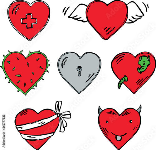 A set of different cartoon hearts