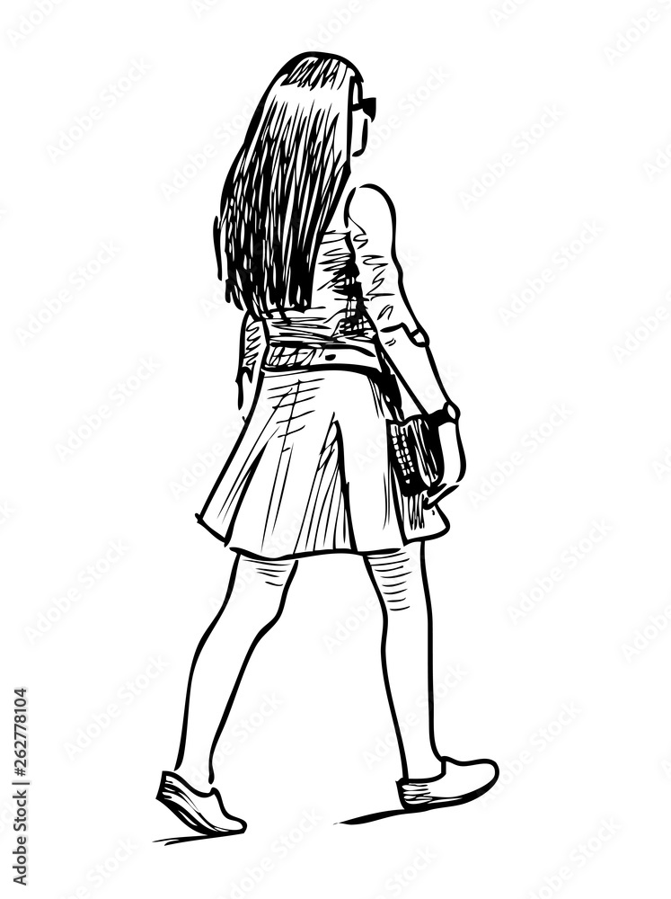 Sketch of young girl striding down the street Sketch of young girl striding down the street