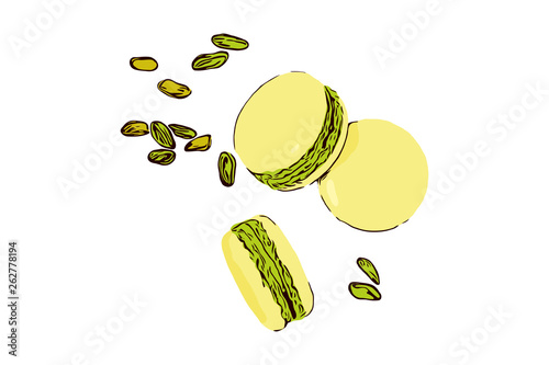 French dessert macaroon. Pistachio macarons on white background with nuts. French macaroni illustration.