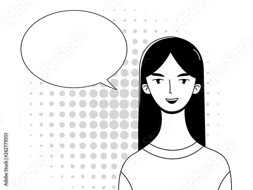 A young girl with black hair is smiling affably. Comic cloud for dialogue. Retro illustration. Linear drawing in the style of pop art.