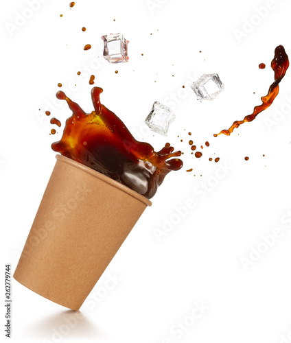 ice cubes falling into a splashing take-out coffee isolated on white