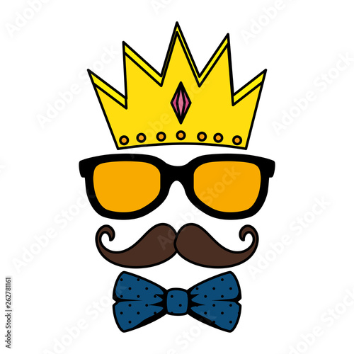 sunglasses and mustache with bowtie and crown hipster style