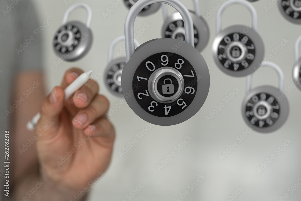 secure lock - padlock holding in hand access concept 3d secure lock - padlock holding in hand access concept 3d
