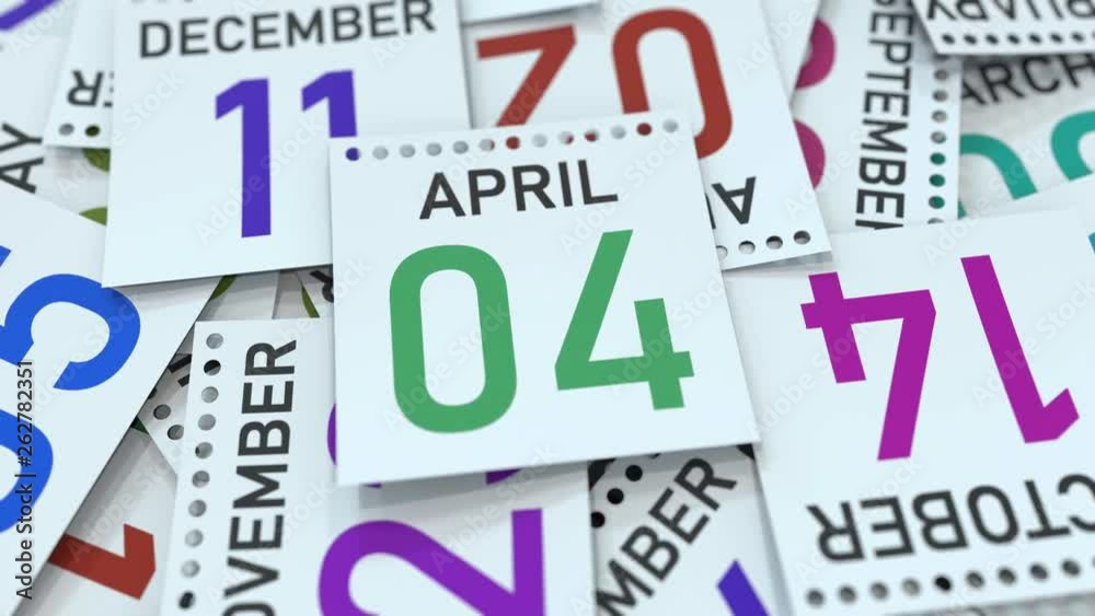 April 4 date on emphasized calendar page, 3D animation April 4 date on emphasized calendar page, 3D animation