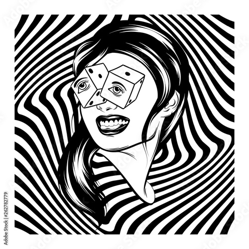 Vector hand drawn realistic illustration of a girl with dice instead eyes.