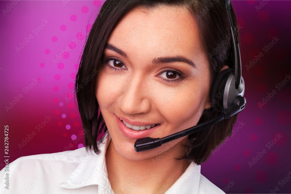 Woman Call Center operator on office background Woman Call Center operator on office background