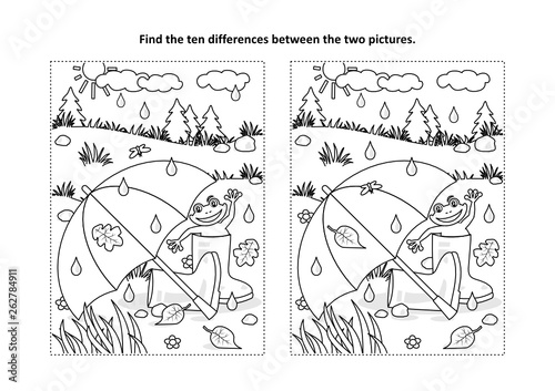 Rainy autumn or summer day find the differences picture puzzle and coloring page with umbrella, gumboots and happy frog. 