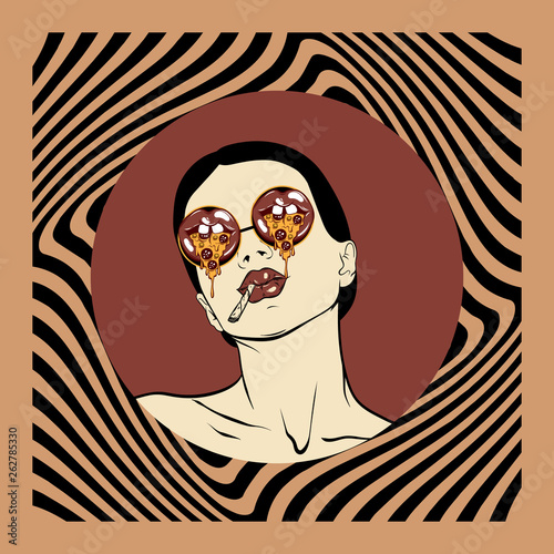 Vector hand drawn illustration of girl in sunglasses with mouths with slice of pizza,