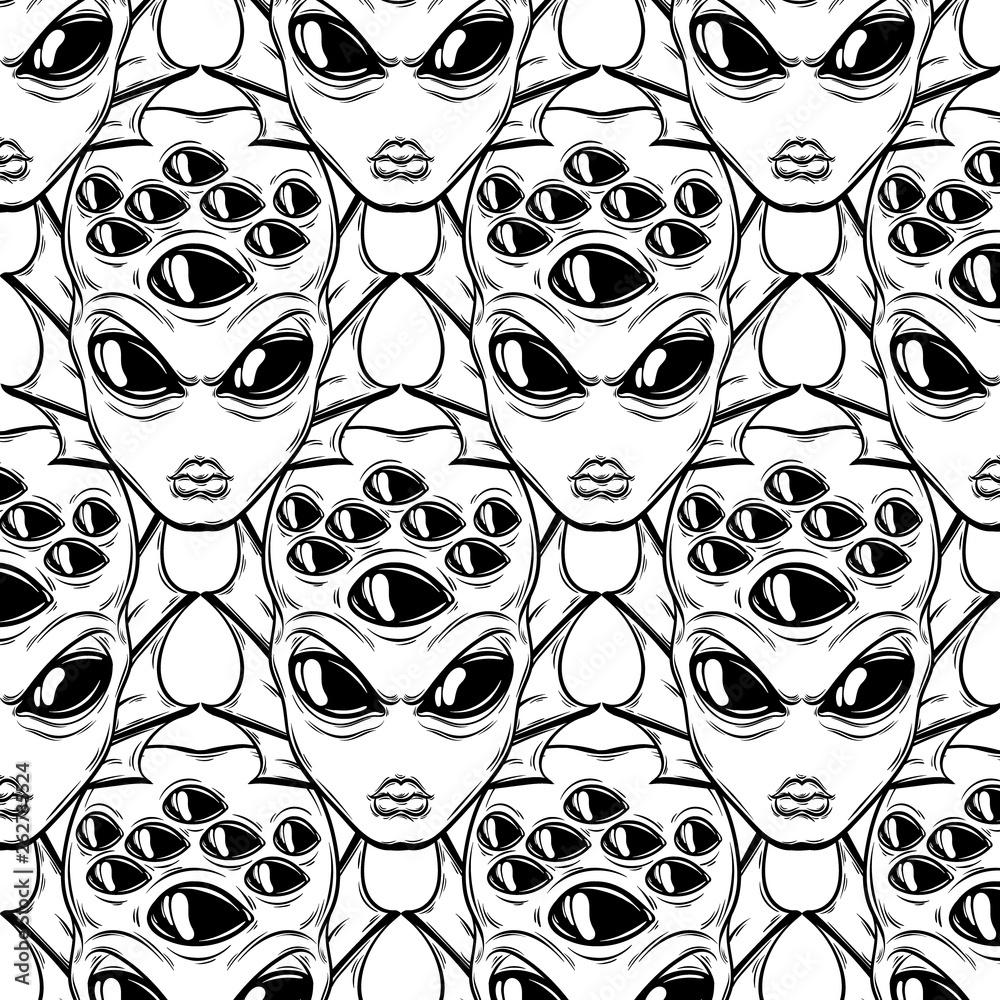 Vector pattern with hand drawn illustration of angry alien .