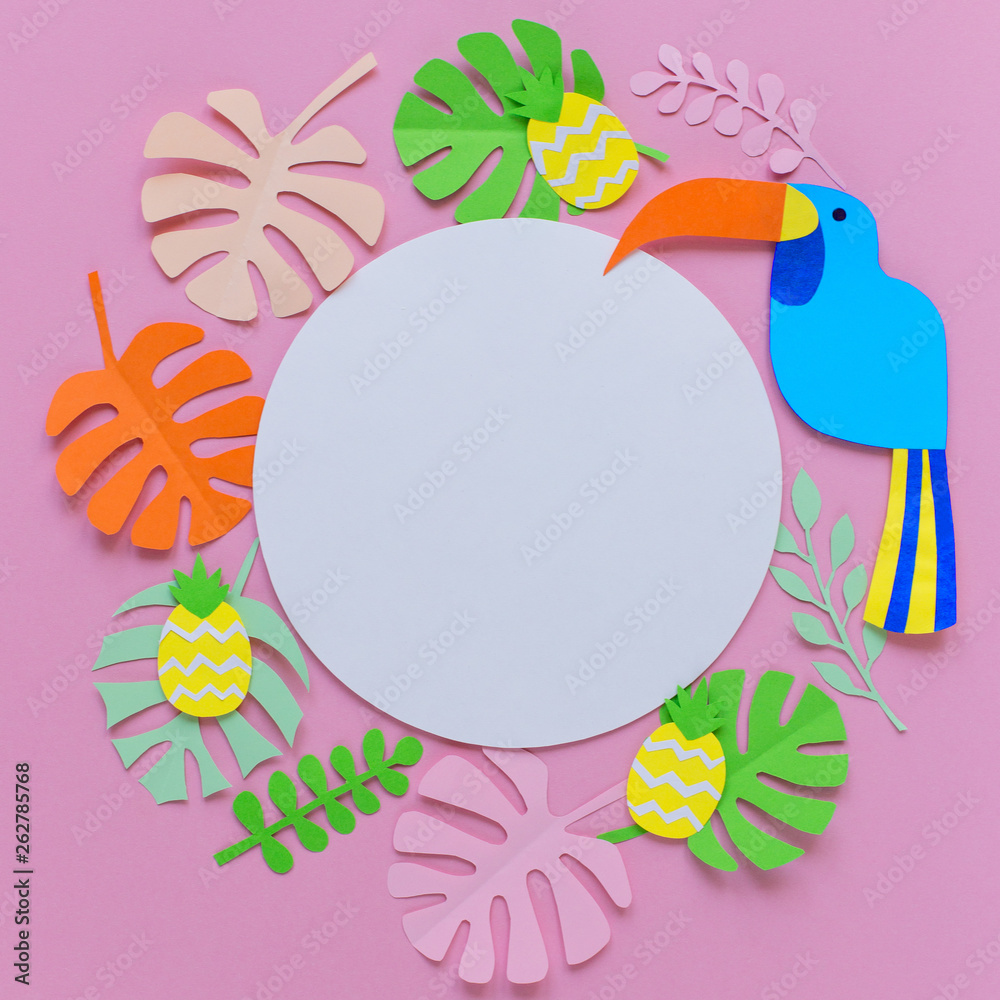 Pink background with white circle, pineapples, bird, and leaves Pink background with white circle, pineapples, bird, and leaves