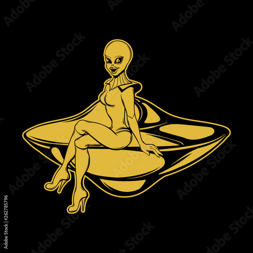 Vector hand drawn illustration of beautiful alien on the flying saucer isolated .