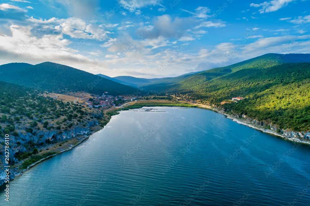 aerial view of the beautiful fishing village Psarades in Prespa lake in Northern Greece
