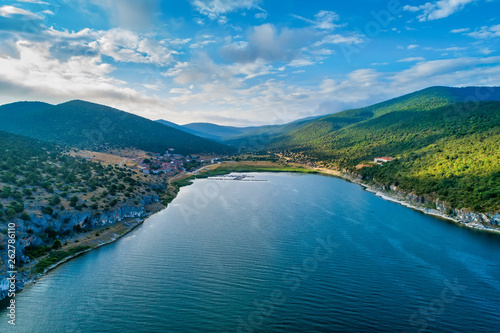 aerial view of the beautiful fishing village Psarades in Prespa lake in Northern Greece