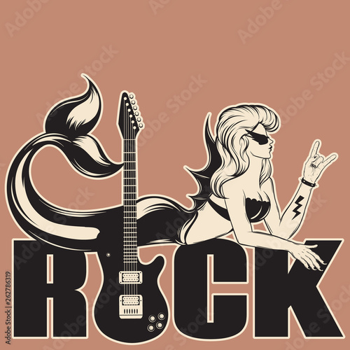 Vector hand drawn trendy illustration of mermaid with guitar isolated .