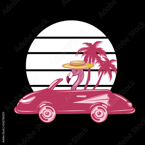 Vector hand drawn illustration of flamingo in retro car with palms isolated.