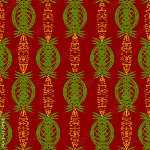 Abstract ornament of green and gold colors over a dark red color