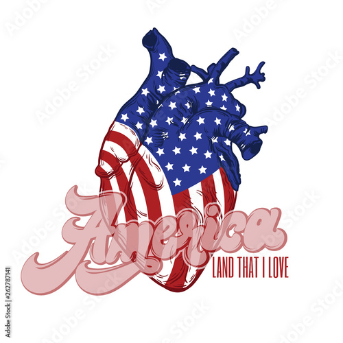 Vector hand drawn illustration of american flag on human heart isolated .