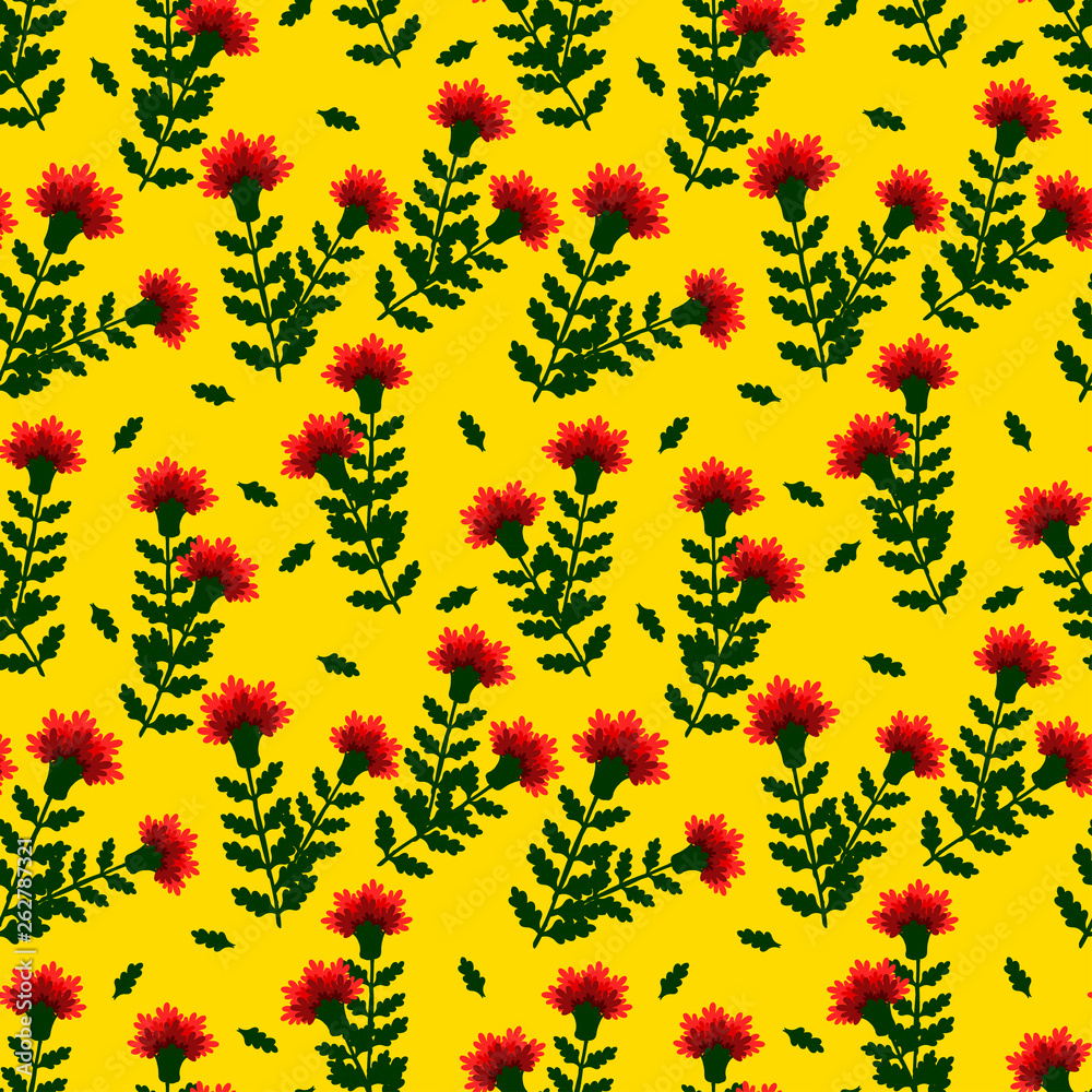 red carnations with green leaves on a yellow background