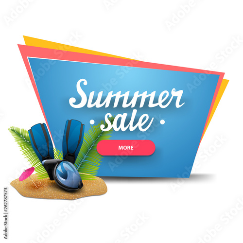 Summer sale, discount banner with a button, diving mask, fins and palm leaves