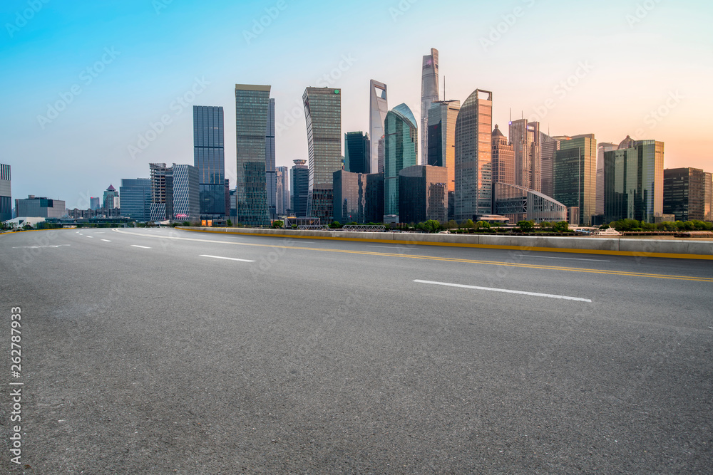 Empty Asphalt Road Through Modern City of Shanghai, China.. Empty Asphalt Road Through Modern City of Shanghai, China..