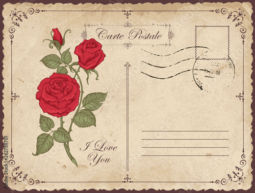 Vintage greeting card or postcard with red roses. Romantic vector card in vintage style with calligraphic inscription I love you and place for text