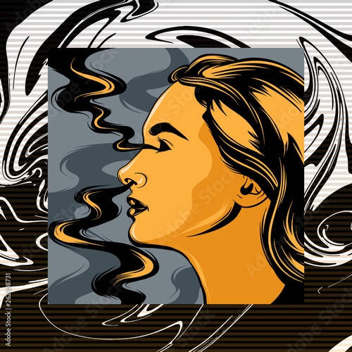 Vector hand drawn illustration of pretty woman with smoke .